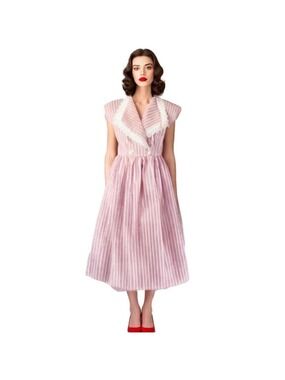 VINTAGE Red & White Stripe Midi Wrap Dress with Lace Collar Summer Dress Made US